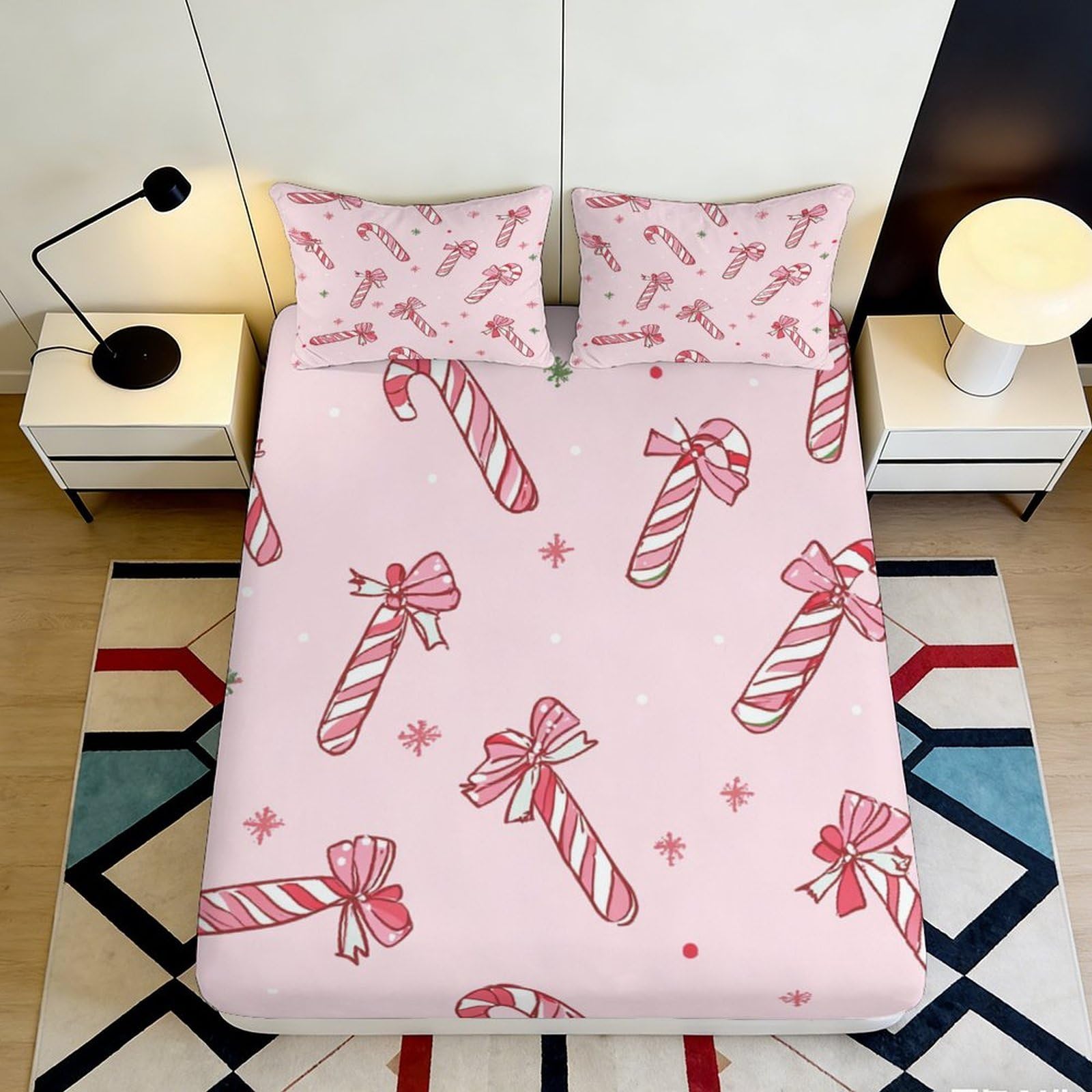 3D Printed Candy Cane Fitted Sheet Microfiber Pink Sweet Holiday Bow Mattress Cover for Bedroom Guest Room Decor 90x200x25cm