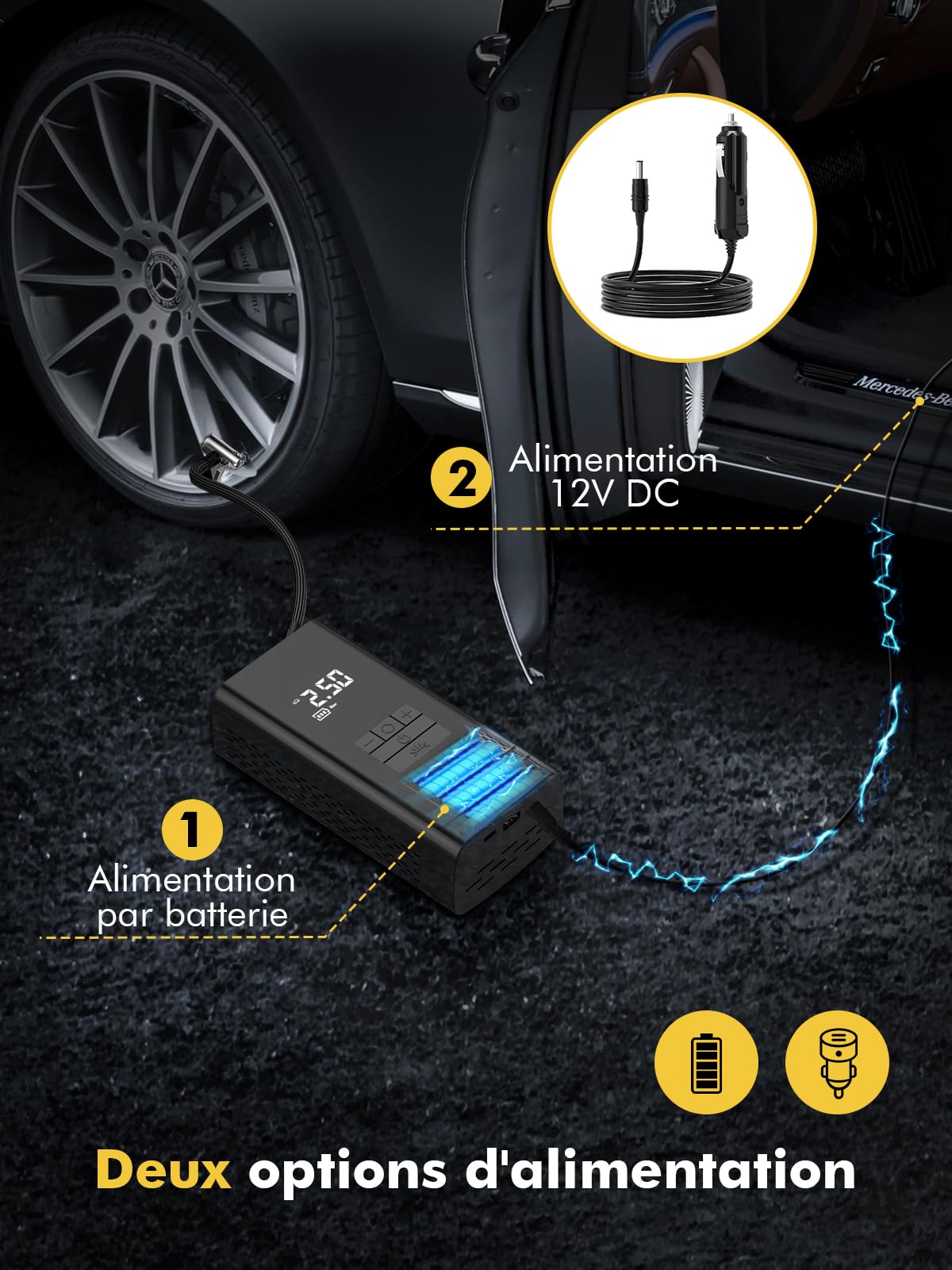 DIHOOM Compresseur à Air Portatif 45L/Min avec Batterie 6000mAh | Gonfleur Pneus Voiture Rapide, Support Banque d'Énergie, Éclairage LED - 4 Modes - Idéal pour Voitures, Vélos, Motos, Ballons