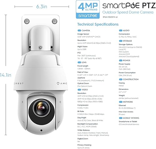 Miniatura 3 de Amcrest 4MP PTZ POE  cámara IP AI con zoom de inclinación óptico 25x motorizado cúpula de velocidad de seguridad detección de personas y vehículos