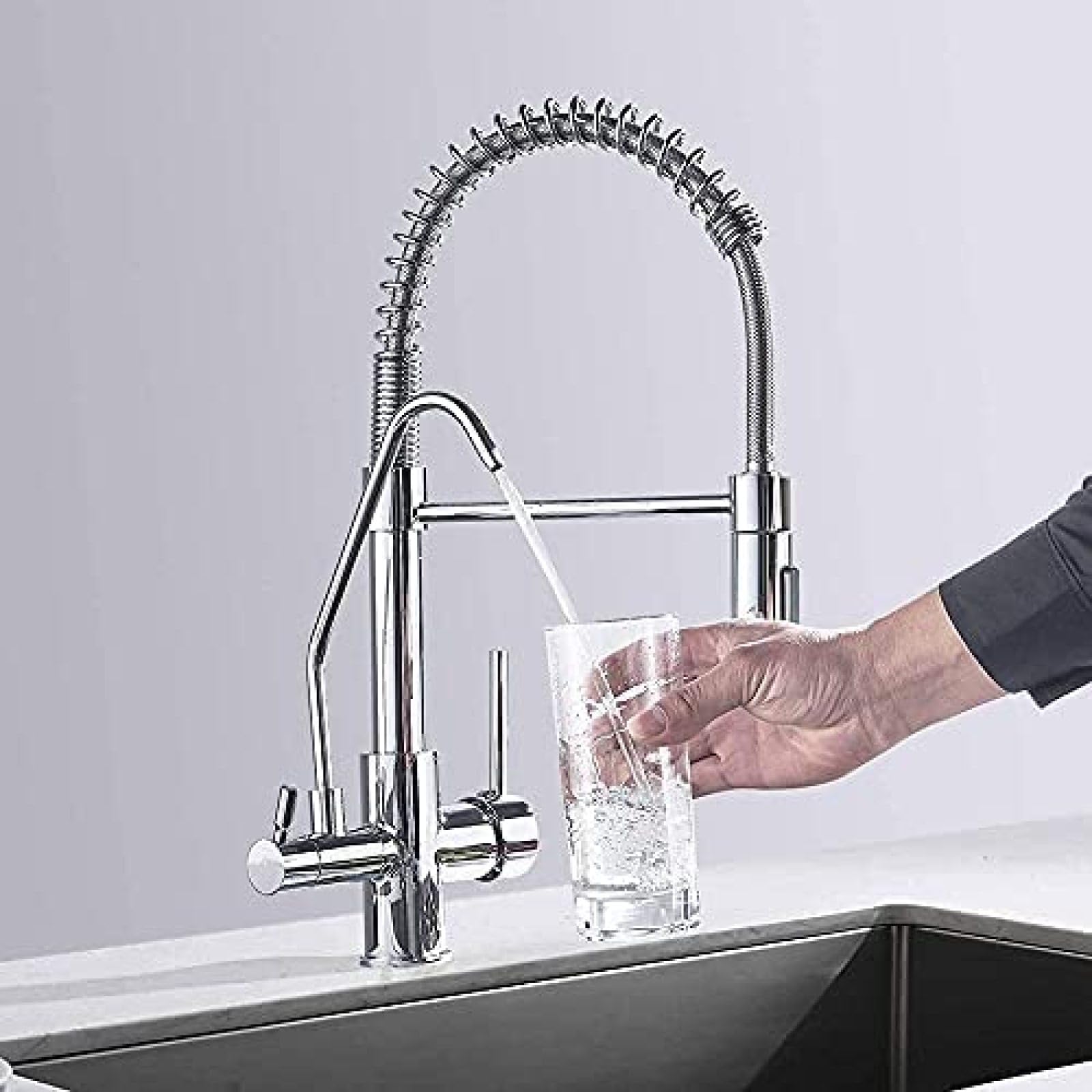 Rubinetto per filtro dell'acqua a 3 vie Miscelatore per lavello da cucina con doccia estraibile Lavello a doppia leva Bocca girevole a 360 gradi in ottone Cromo lucido-cromo