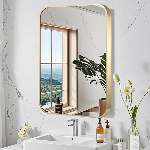 FARMER Espejo de baño dorado de 24 x 36 pulgadas para pared, espejo de tocador de baño de latón cepillado con borde redondeado, espejos
