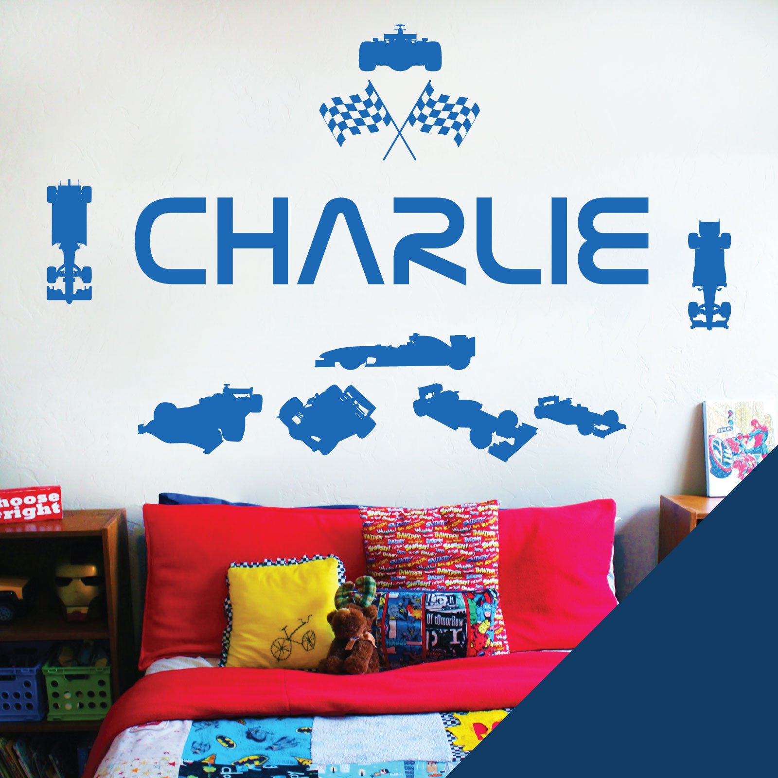 Personalised Name Children Wall Art Sticker - Racing Driver Formula 1 Cars Sport [Large] [Ultramarine]