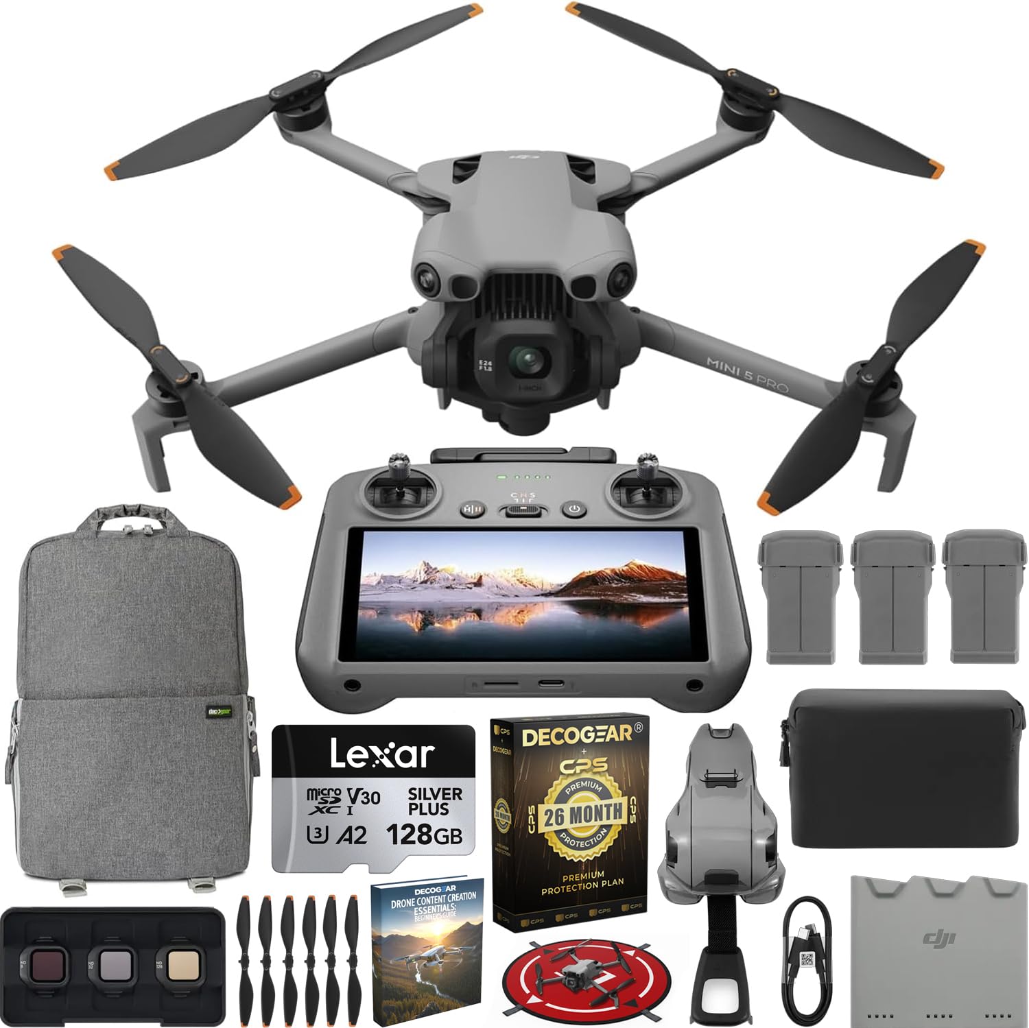 Mini 5 Pro Drone Fly More Combo Plus with RC 2, 1" CMOS Sensor, 4K Video, Omnidirectional Obstacle Sensing, 3 Battery Bundle with Deco Gear CPS Exclusive 26Month Protection Pack BEACH-CPS-26M1500