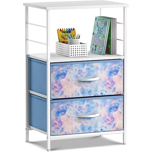 Sorbus 2 Drawer Shelf Storage Nightstand - Kids Bedside Furniture End Table Night Stand with Steel Frame Wood Top & Easy Pull Fabric Bins, Dresser & Chest for Home Bedroom Accessories Office & College