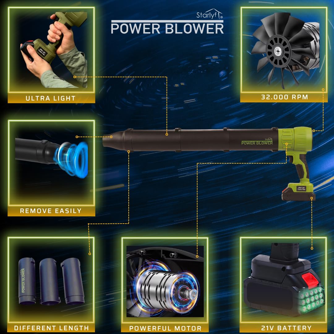 Starlyf Souffleur d'air Power Blower, jusqu'à 120 km/h, souffleur de feuilles, souffleur de jardin, portable puissant, sans fil, balaie le jardin, enlève la neige, sèche les voitures