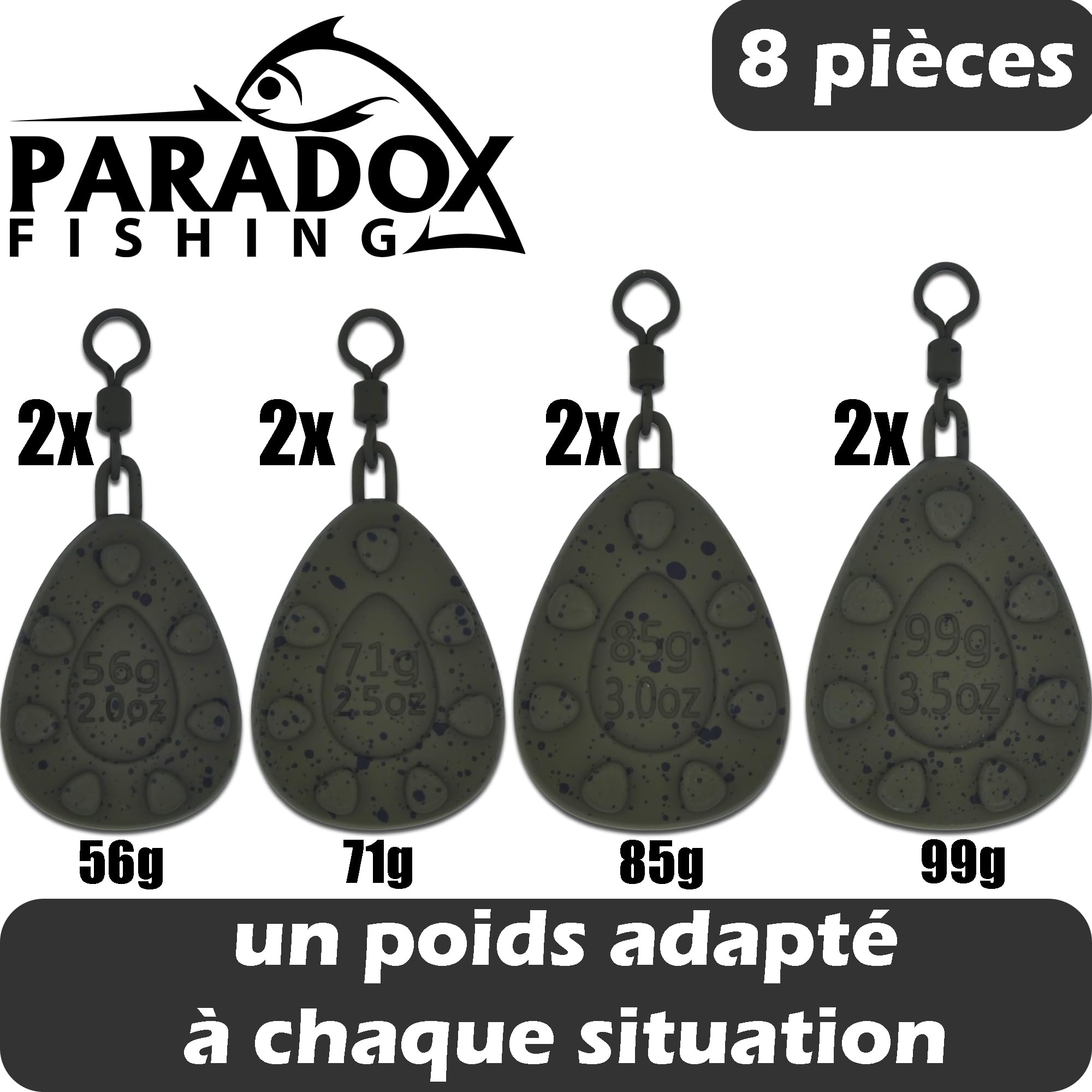 Paradox Fishing Set de 8 plombs pour carpes - 2X 56g/71g/85g/99g I Plombs pour carpes Plombs de Fond pour la pêche de la Carpe - Matériel de pêche Carpe