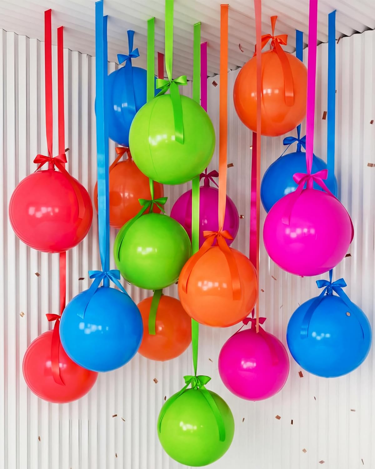 Jenaai 30 Set Round Foil Balloons Bulk 22 Inch 4d Metallic Giant Balloons Set with Satin Bows Ribbon for Ceiling Ornaments Birthday Wedding Party Decoration(Fluorescent)