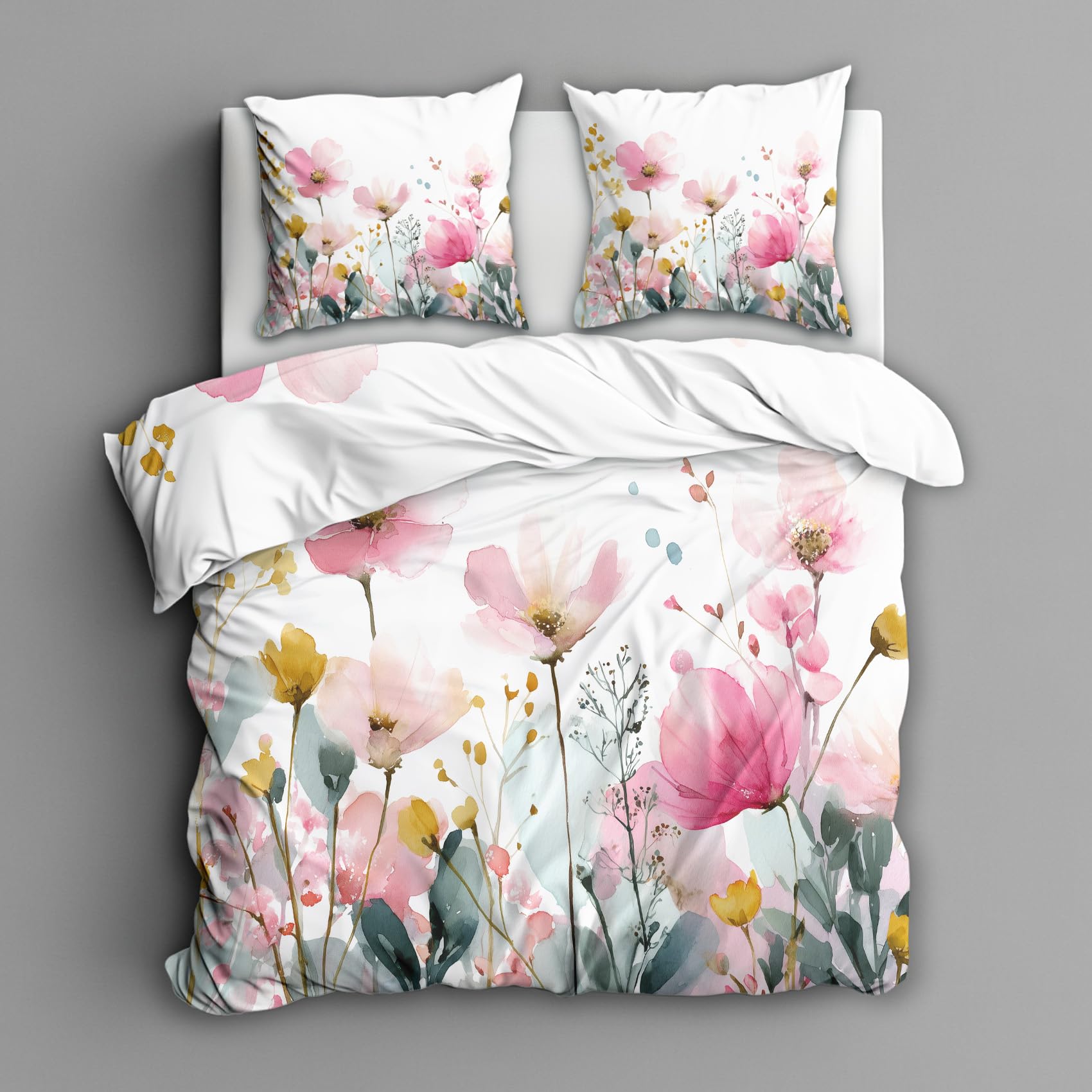Generisch Aquarell Blumen Bettwäsche 135x200 2tlg, 1 Kissenbezüge 80x80 - Wildblumen Design Wendebettwäsche, Weiche Mikrofaser Bettbezug mit Reißverschluss, Deko & Geschenke RU22