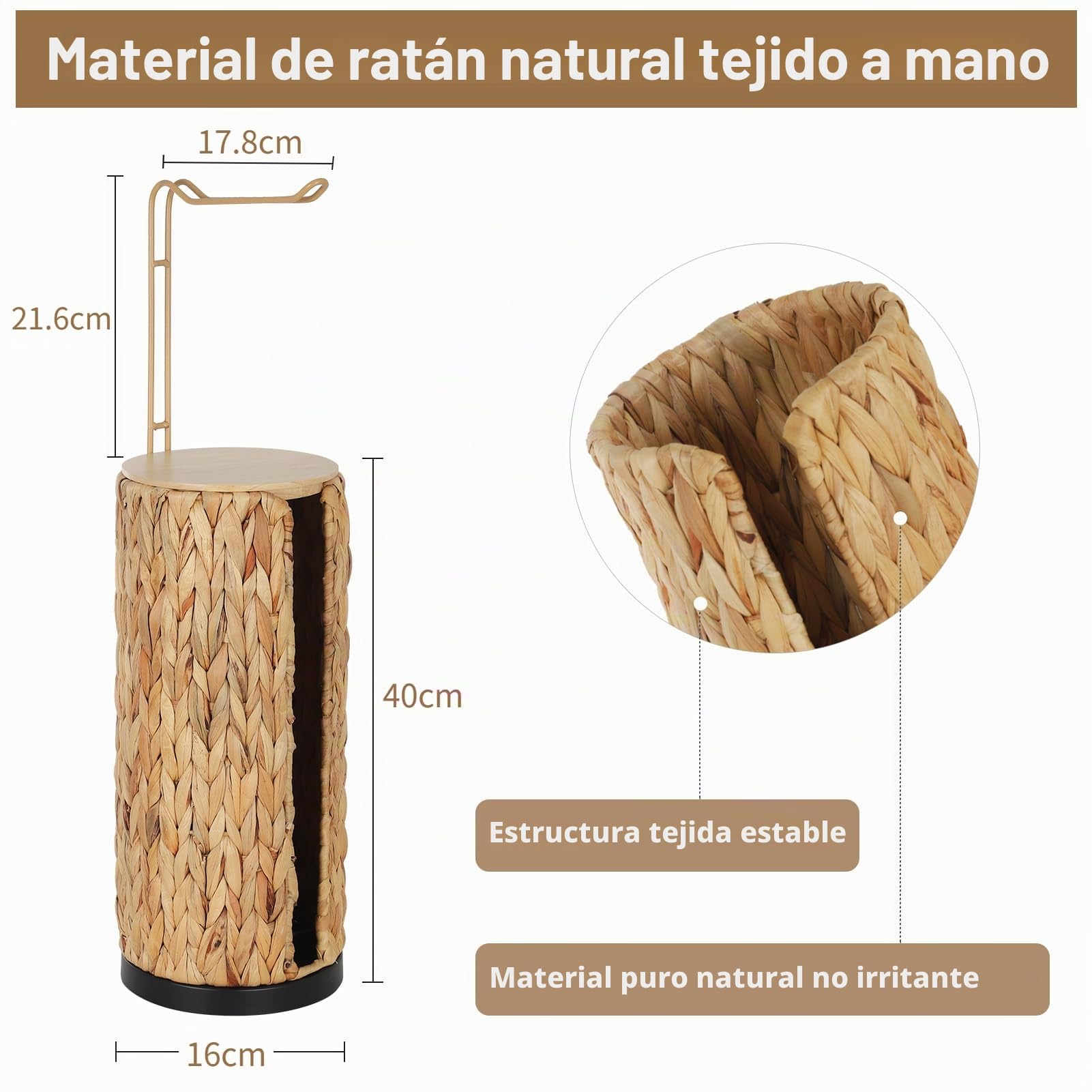 Portarrollos de Papel Higiénico de Pie con Estante, Porta Rollos de Papel Inodoro de Pie, Soporte de Papel Higiénico Boho de Ratán, Portarrollo de Papel Higiénico de Jacinto de Agua para 4 Rollos