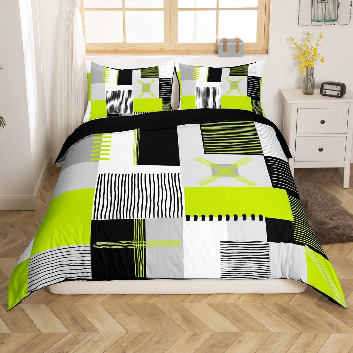 Erosebridal Lime Green Grey Comforter Cover Queen Black White Abstract Bedding Set for Kids Boys Teen Men Geometric Square Duvet Cover Grids Checkered Bed Set Modern Fashion Room Decor 3 Pcs