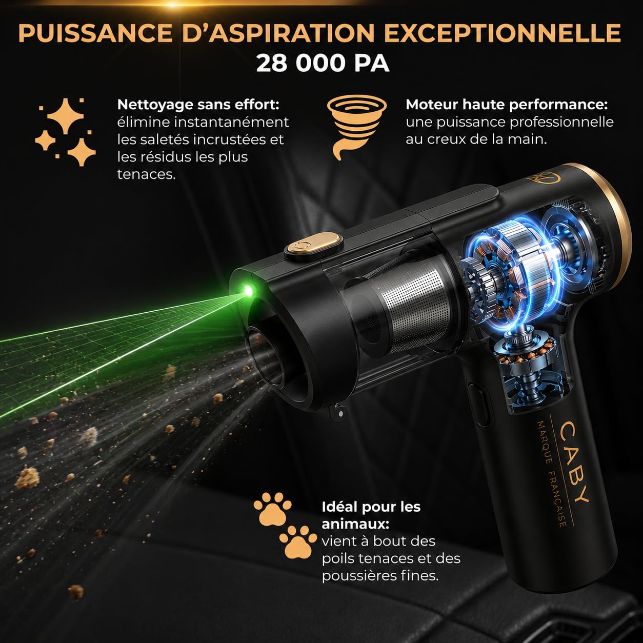 CABY Mini Aspirateur sans Fil Puissant 3 en 1 Mini Souffleur sans Fil et Gonfleur - Aspirateur Voiture avec Détecteur de Poussières 28000PA - Accessoire Voiture/Maison et Cuisine
