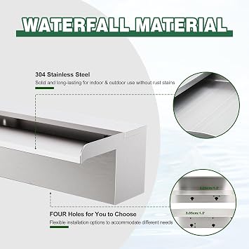 Waterfall Pool Fountain LONGRUNNEW 304 Stainless Steel 35.4 Rectangular Waterfall Spillway, Water Fall Fountain with Pipe Connector for Garden Outdoor, Swimming Pools, Fountains, Pond and Spa