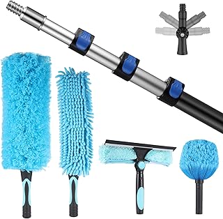 20 Foot High Reach Duster Kit with 3.7-12 ft Extension Pole, High Ceiling Duster Cleaning Kit with Universal Joint, Window Washer & Squeegee, Cobweb Duster, Fan Duster and Feather Dusters
