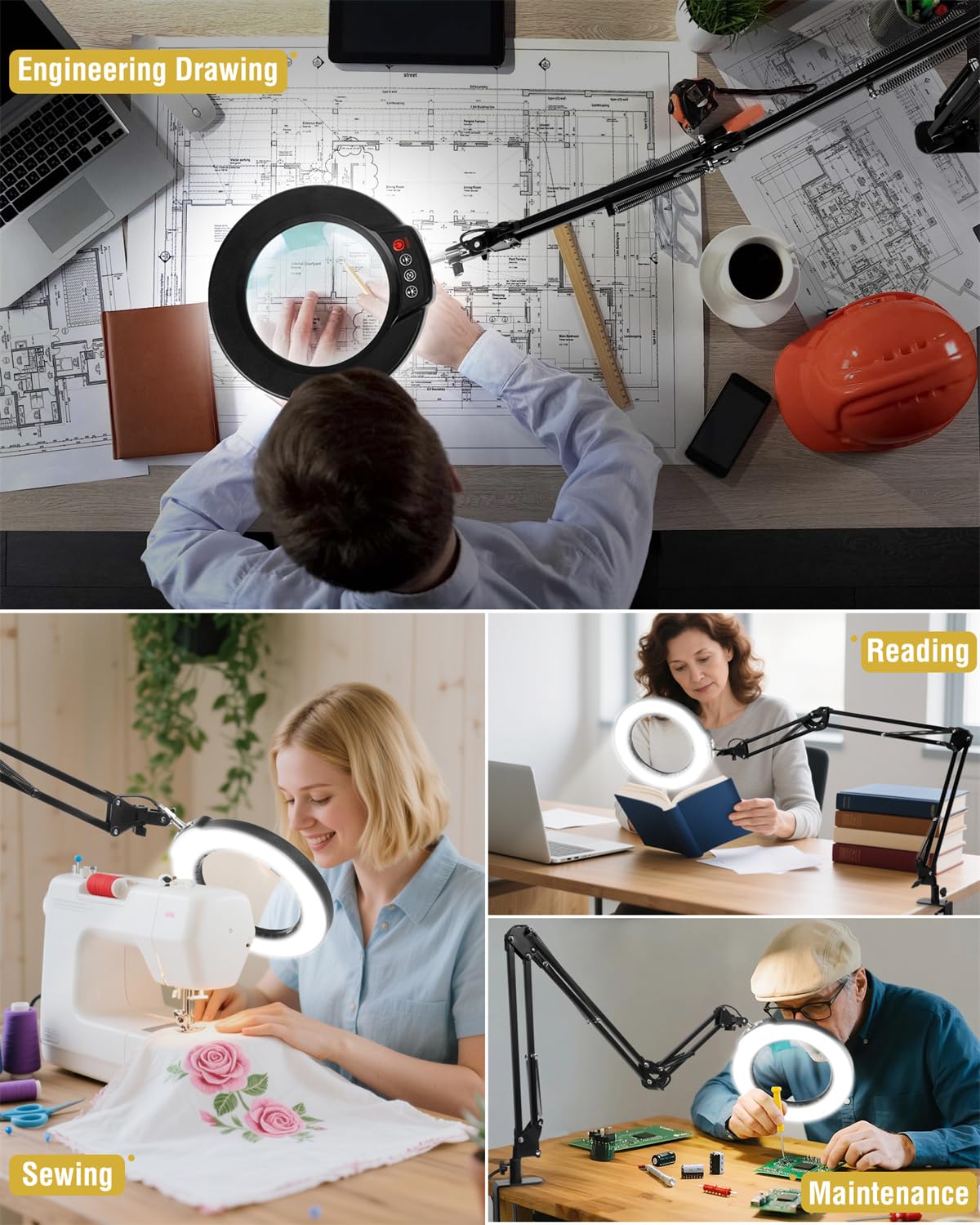 Lente d'ingrandimento 10X con luce e morsetto, lampada da scrivania a LED ultra lunga a 3 sezioni, braccio oscillante a 3 sezioni, 5 modalità di colore, dimmerabile continuamente, lente