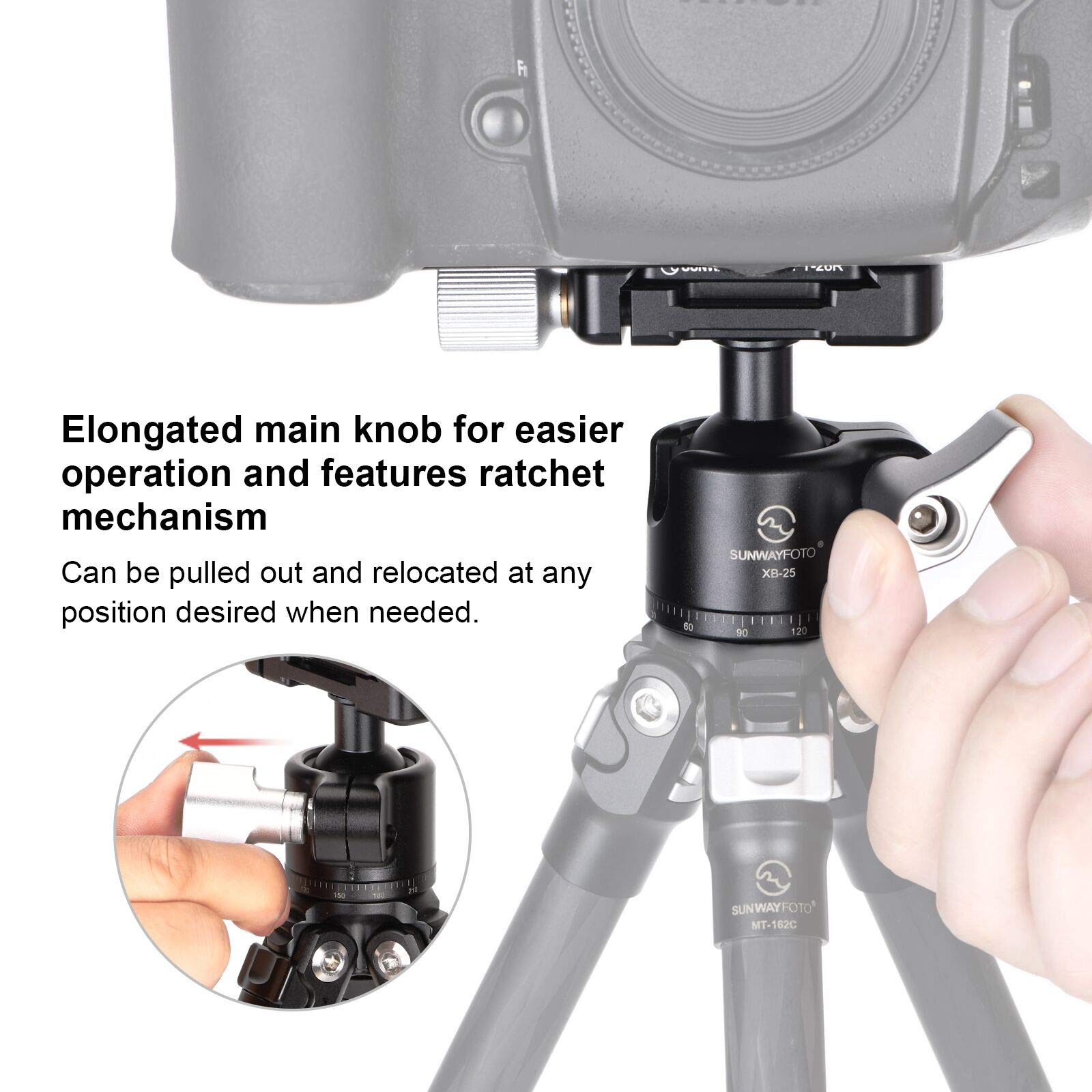 SUNWAYFOTO Rotule de trépied XB-25, rotule panoramique rotative à 360 degrés avec plaque de dégagement rapide de 6,35 mm et pour appareil photo reflex numérique, monopode, charge 5 kg