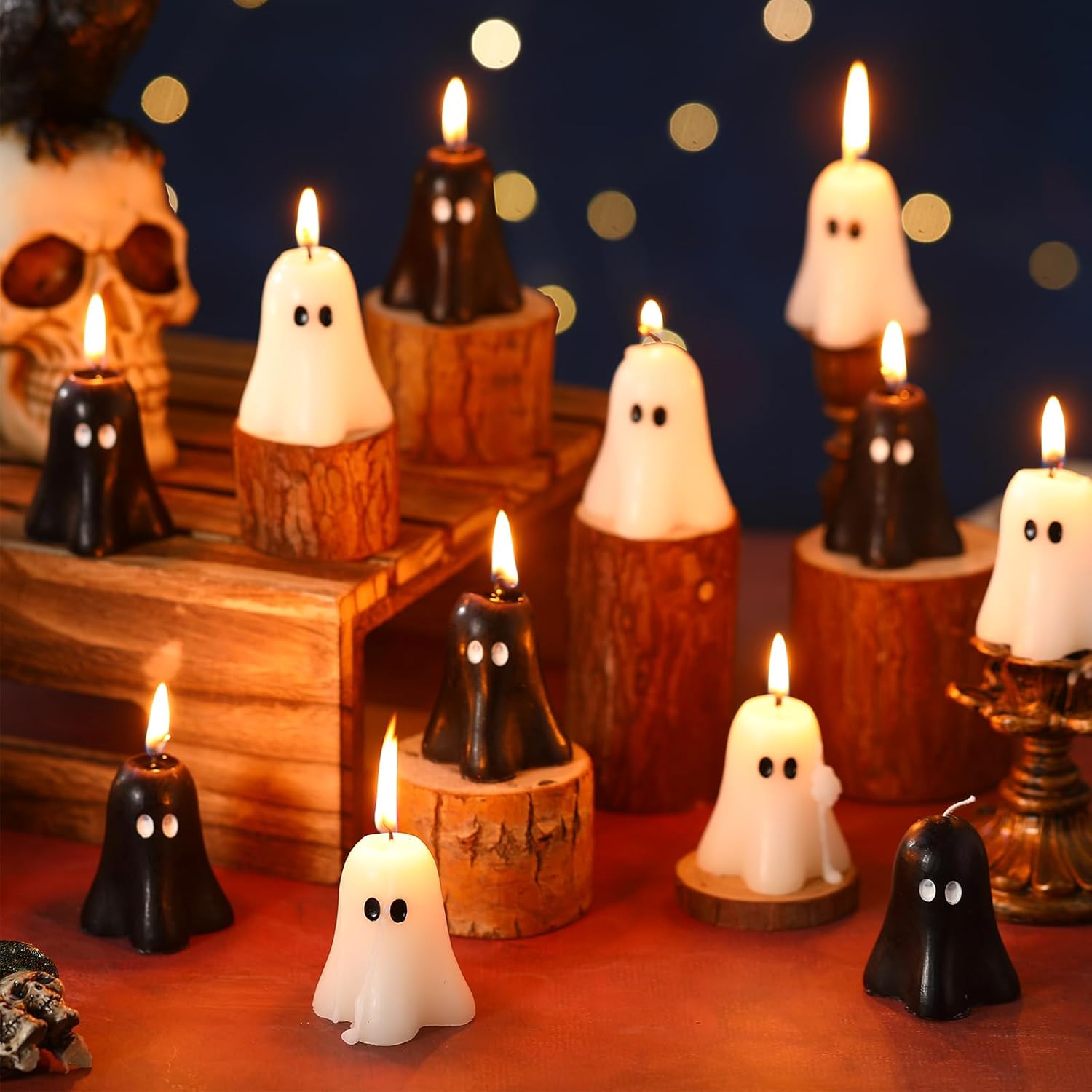 MTLEE 12 Pcs Halloween Ghost Candles Spooky Burning Candle Gifts Halloween Decoration Novelty Ghost Shaped Tea Lights for Party Table Home Decor(2.36 Inch,Black and White) 2.36 Inch Black and White