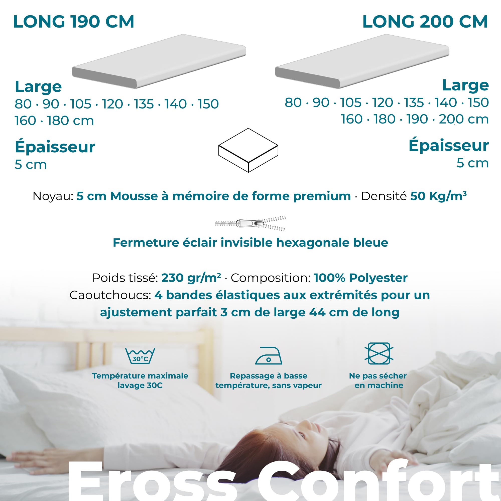 Surmatelas 105 x 190 cm viscoélastique 100% Confort et adaptabilité. Ergonomique, Respirant et Confortable. Soulage la Tension Musculaire. Housse avec Fermeture éclair Amovible