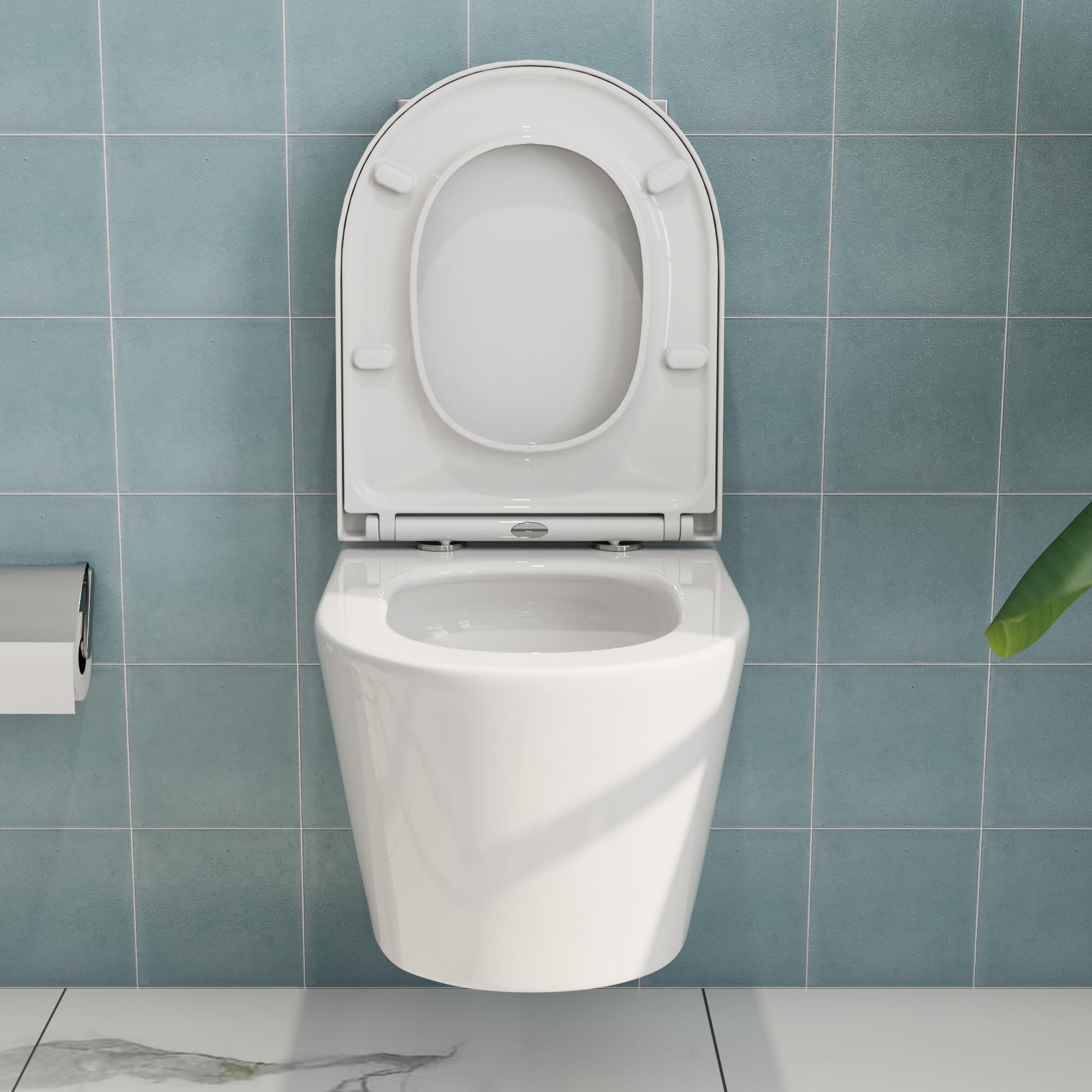 HOROW WC senza bordi con coperchio per WC, WC sospeso in ceramica, set di servizi igienici moderni, lunghezza 539 mm