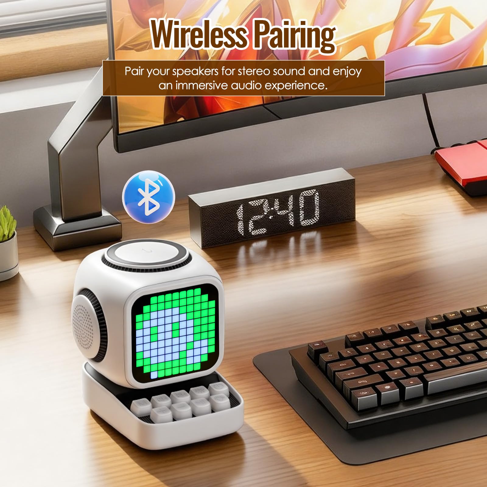 Haut-Parleur Bluetooth Portable avec Une Station de Recharge inductive, Horloge de Table numérique Intelligente, réveil avec Bruit Blanc, pour Bureau, Bureau, Convient comme Cadeau (Blanc)