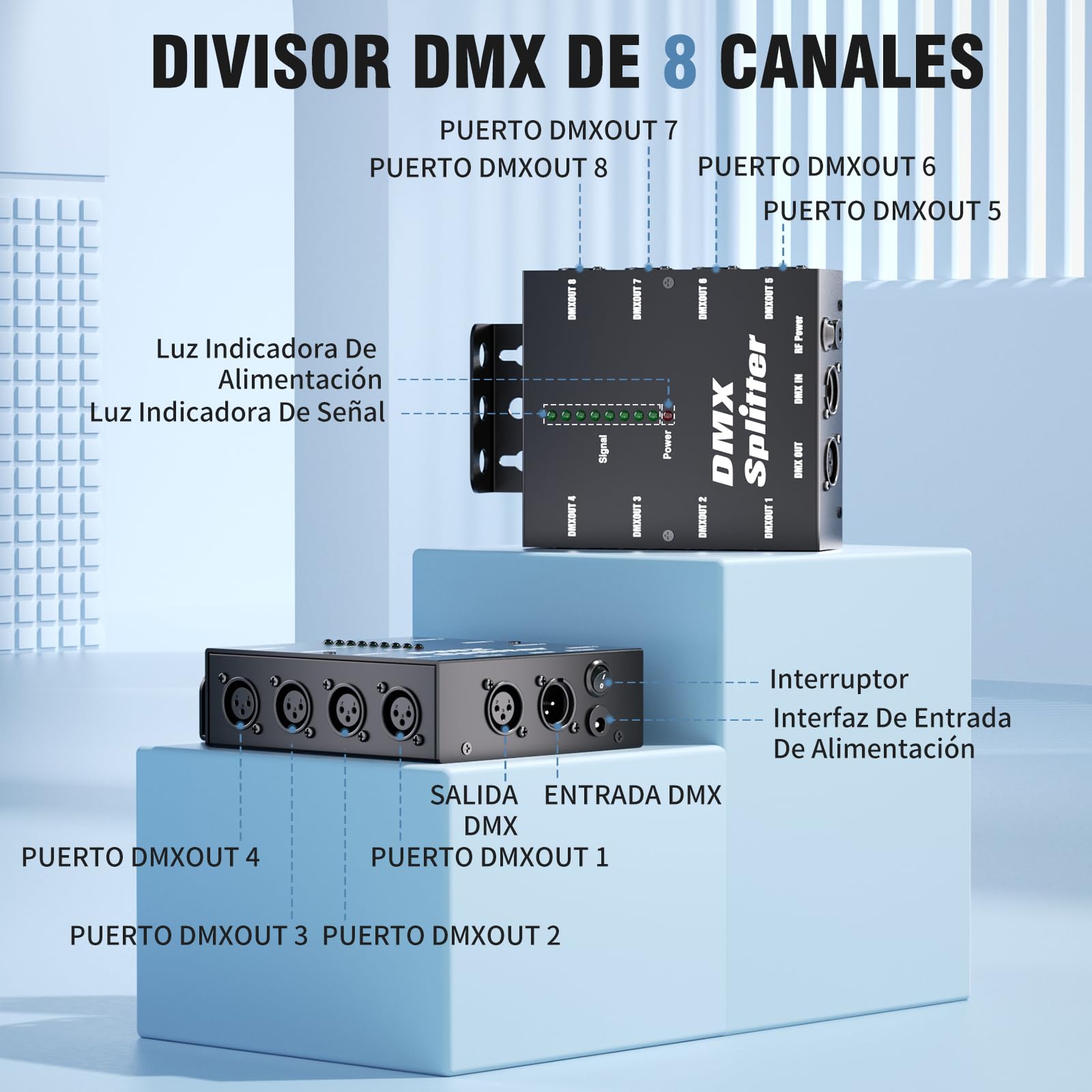 Divisor Óptico DMX, Amplificador de Señal DMX512 con 1 Entrada y 8 Salidas Independientes, para Iluminación de Escenario LED PAR Cabeza Móvil Creando Espectáculos de Luces