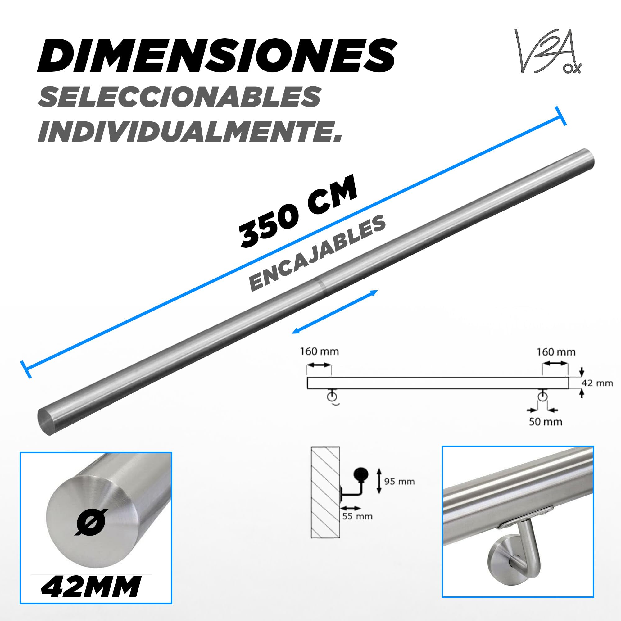 Pasamanos acero inoxidable 316 barandilla baranda pasamanos para pared pared escalera Montaje 40-1000 cm V2Aox, Longitud:350 cm