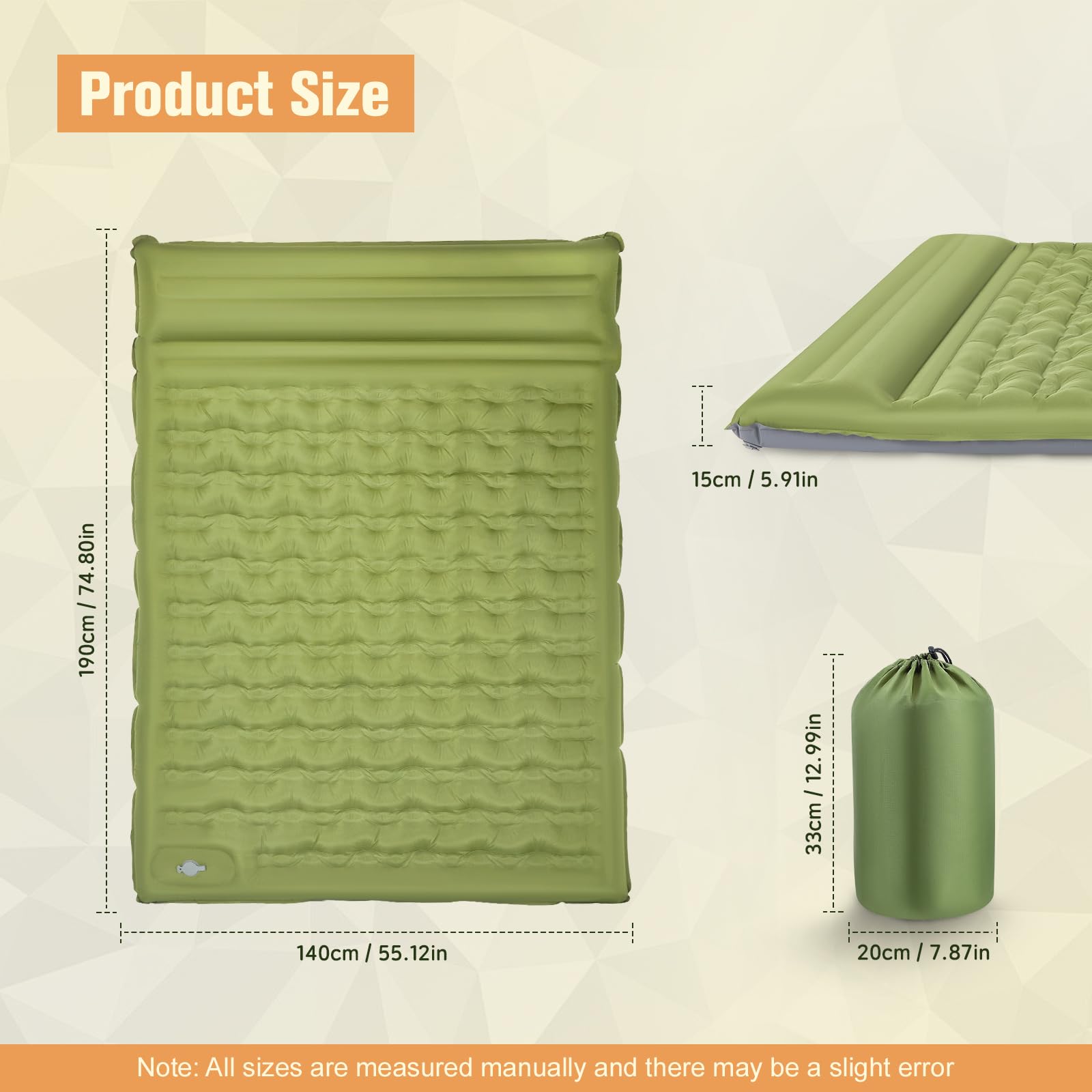 colchoneta camping 2 persona,15cm extra grueso colchón hinchable,190*140*15cm colchon camping con almohadas bomba de pie incorporada,colchón autoinflable ultraligero para exteriores máx 250KG