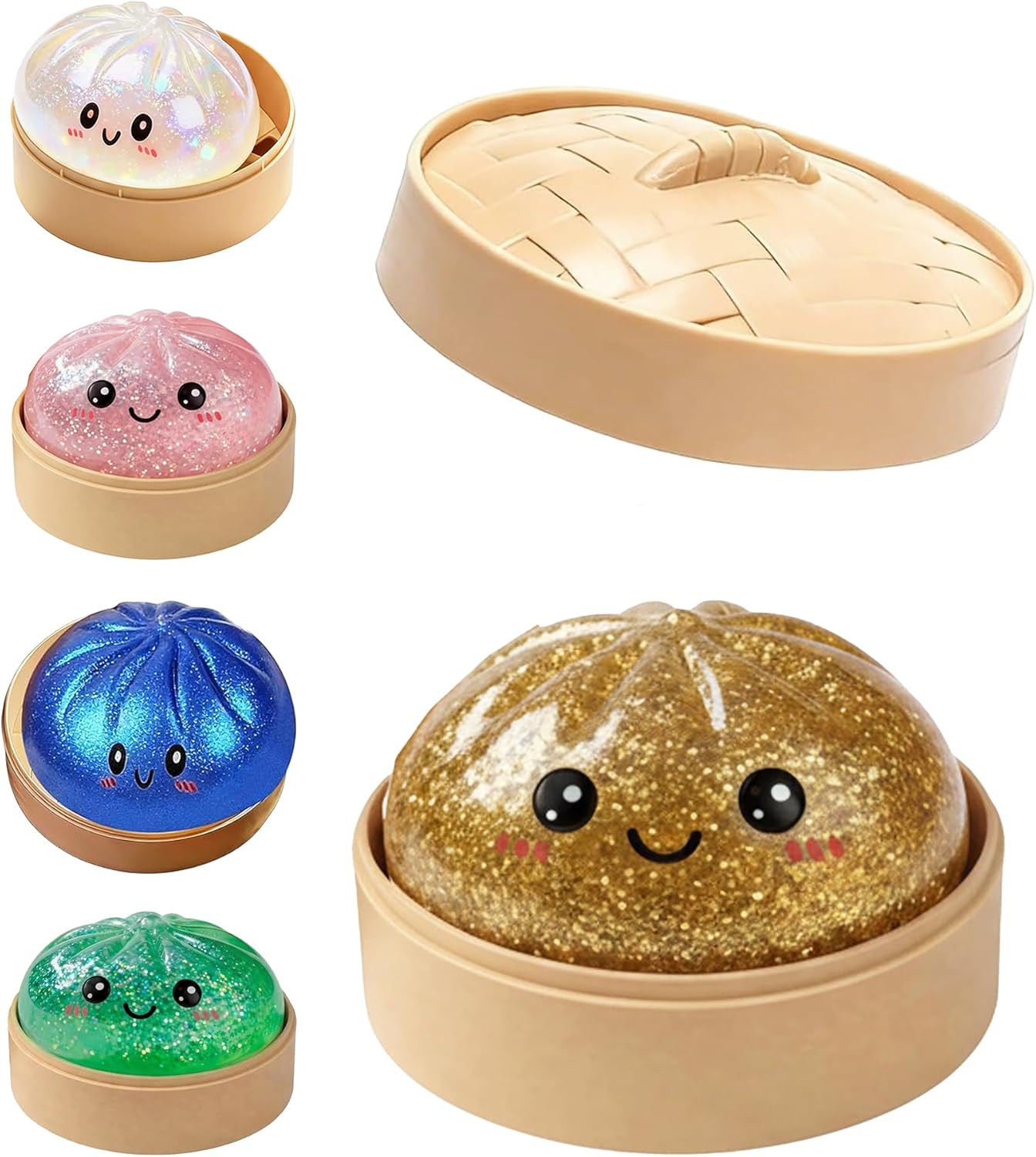 Dumpling Squishies, Glitter Dumpling Mystery Box, Colorful Dumplings Stress Balls Fidget Sensory Toy, Stretchy Desk Toys with Food Steamer for Easter Basket Stuffers, Parties, for Adults Kids, 4PCS