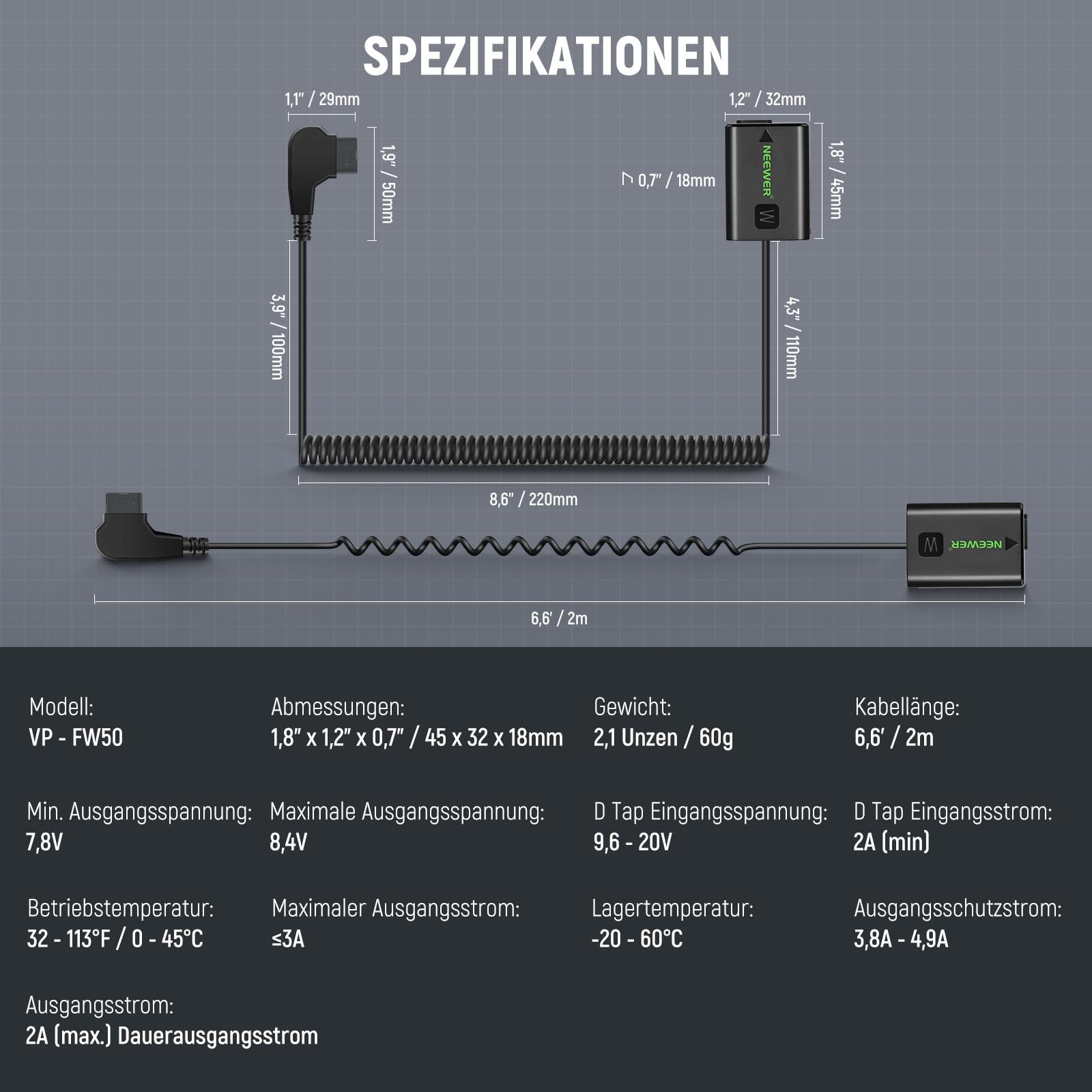 NEEWER D Tap to NP-FW50 - Fälschungsakku mit V-Kabel, stabile Dauerspannung für Sony ZV-E10 A3000 A5000 A5100 A6000 A6100 A6300 A6400 A6500 A7 II A7R II