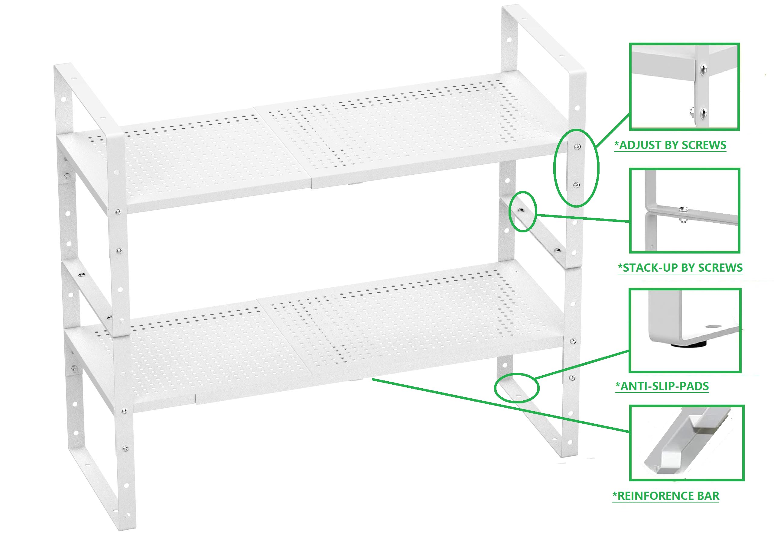 Estante de especias expandible, estante apilable de metal para almacenamiento de despensa, estante organizador de gabinete de altura ajustable (2 paquetes/blanco, grande)
