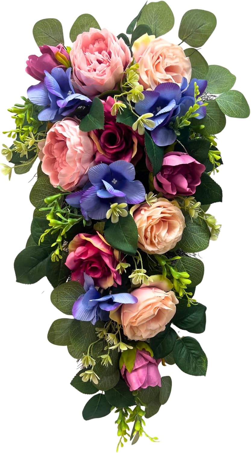24 Inch Pre-lit Peony & Rose Floral Swag for Front Door - Teardrop Spring Wreath with Timer, 20 LED Lights, Pink & Purple Vertical Wall Decor for Front Door,Wedding (Battery Operated)