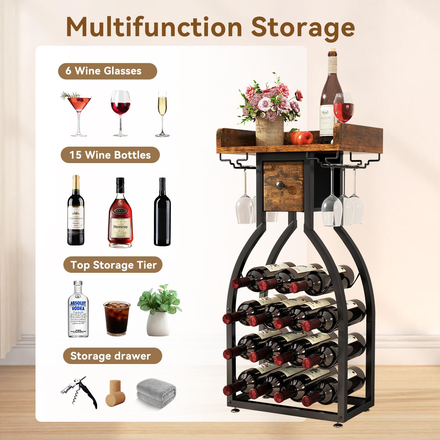 IBUYKE Portabottiglie da Terra per 15 bottiglie,Porta Vino con Porta Calici e Cassetti,Organizzatore da Bar per Bottiglie di Vino,Cantina Vino per Cucina, Sala da Pranzo,Bar,Marrone,TMJ908H - 5