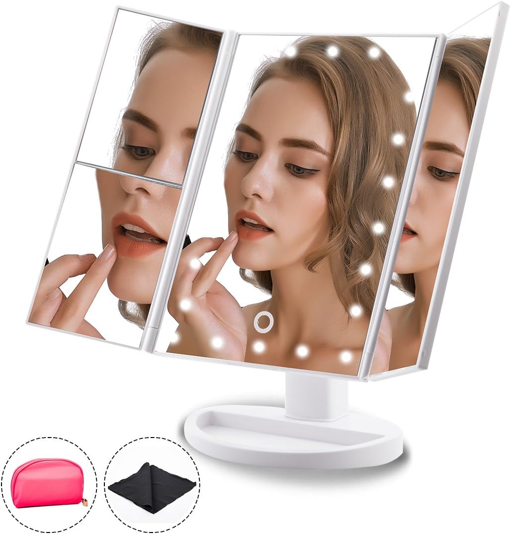 Makeup Mirror Trifold 22 Led Lighted with Touch Screen, Travel Vanity Mirror, 1x/2x/3x Magnification and Dual Power Supply, 180° Rotatable for Women Cosmetic Makeup by Toleap (White)