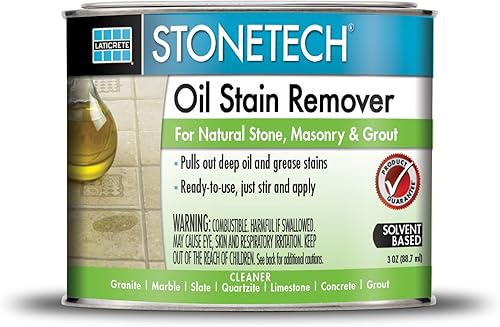 StoneTech Quitamanchas de aceite. Limpiador para piedra natural, pastina, y masonería. Envase de 3 onzas.