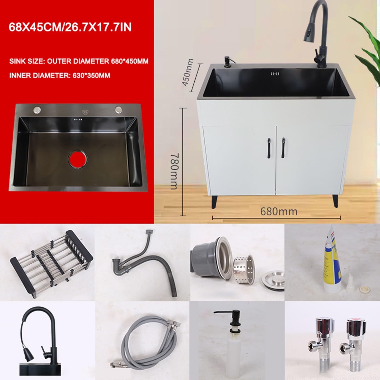 Mobile da bagno con lavabo, Lavello in Acciaio Inox Commerciale a Vasca Singola, Mobiletto Sottolavello Cucina con Rubinetto, per Ristorante, Cucina, Lavanderia(68x45cm/26.7x17.7in,Black)