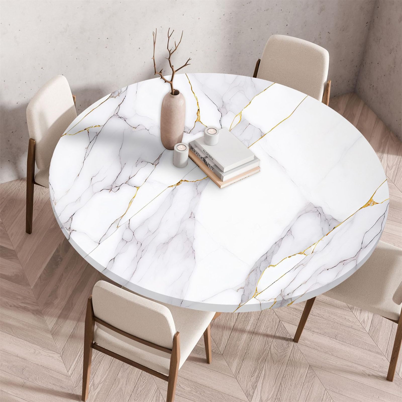 Treer Round Tablecloth Protector, Cream Marble Wipeable Round Table Cloth, Elastic Edged Fitted Backed Table Cover, Washable for Dinning Room Kitchen Picnic Party (90CM, Grey)