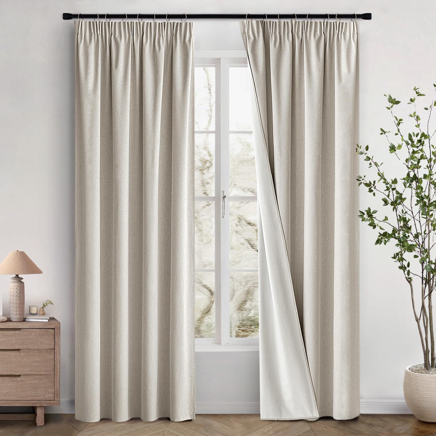 MIULEE 100% Cortinas Opacas 2 Piezas 140 x 245 cm, Beige Efecto Lino Cortinas Dormitorio con Cinta Fruncidora Anti Luz Cortina Termica Aislantes Frio y Calor para Salon