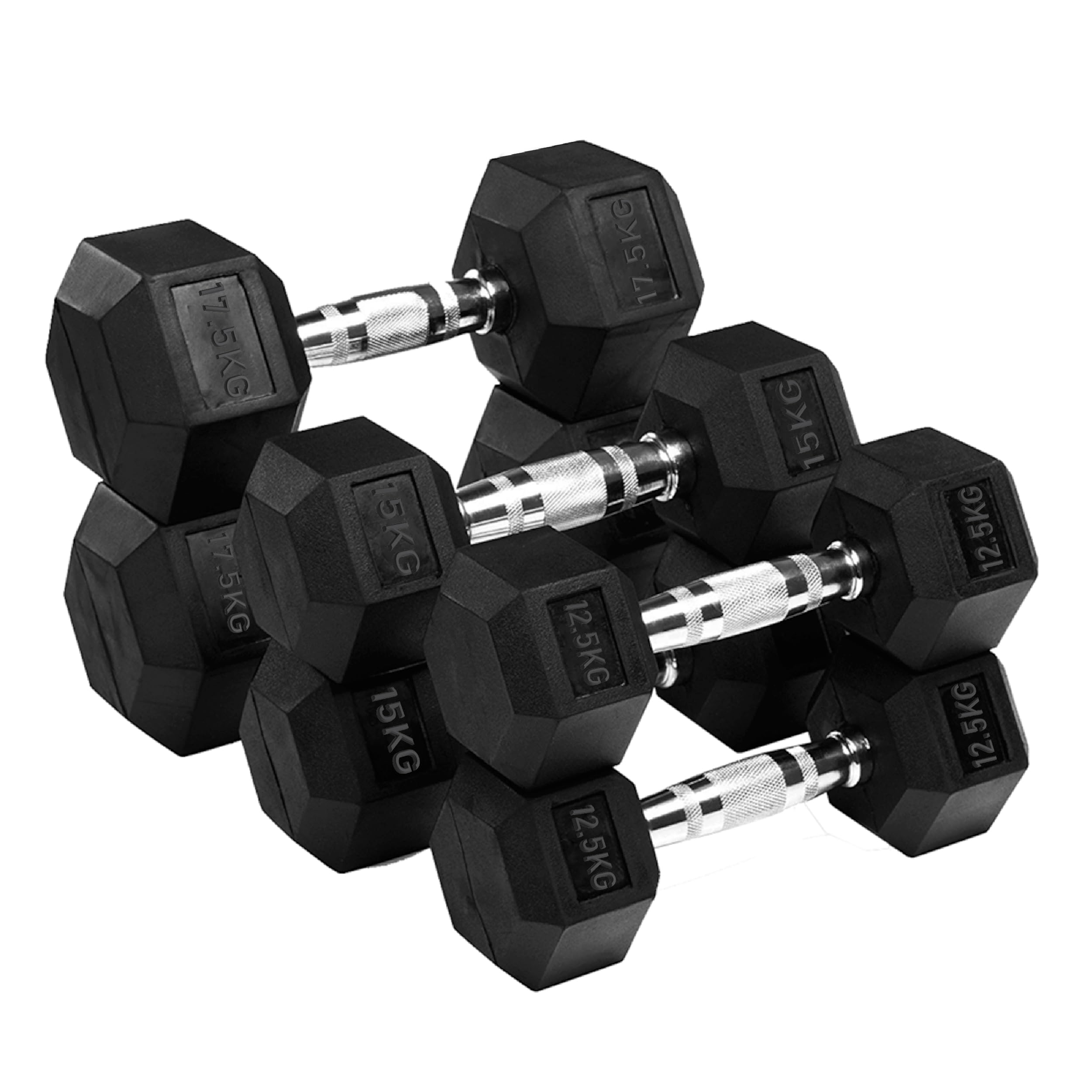 Hex Dumbbell Set 3 Pairs 2.5kg–30kg | Rubber Encased Cast Iron Weights | Strength Training for Home Gym | Optional Rack Stand (Without Rack-back, 2X(12.5+15+17.5)90Kg)