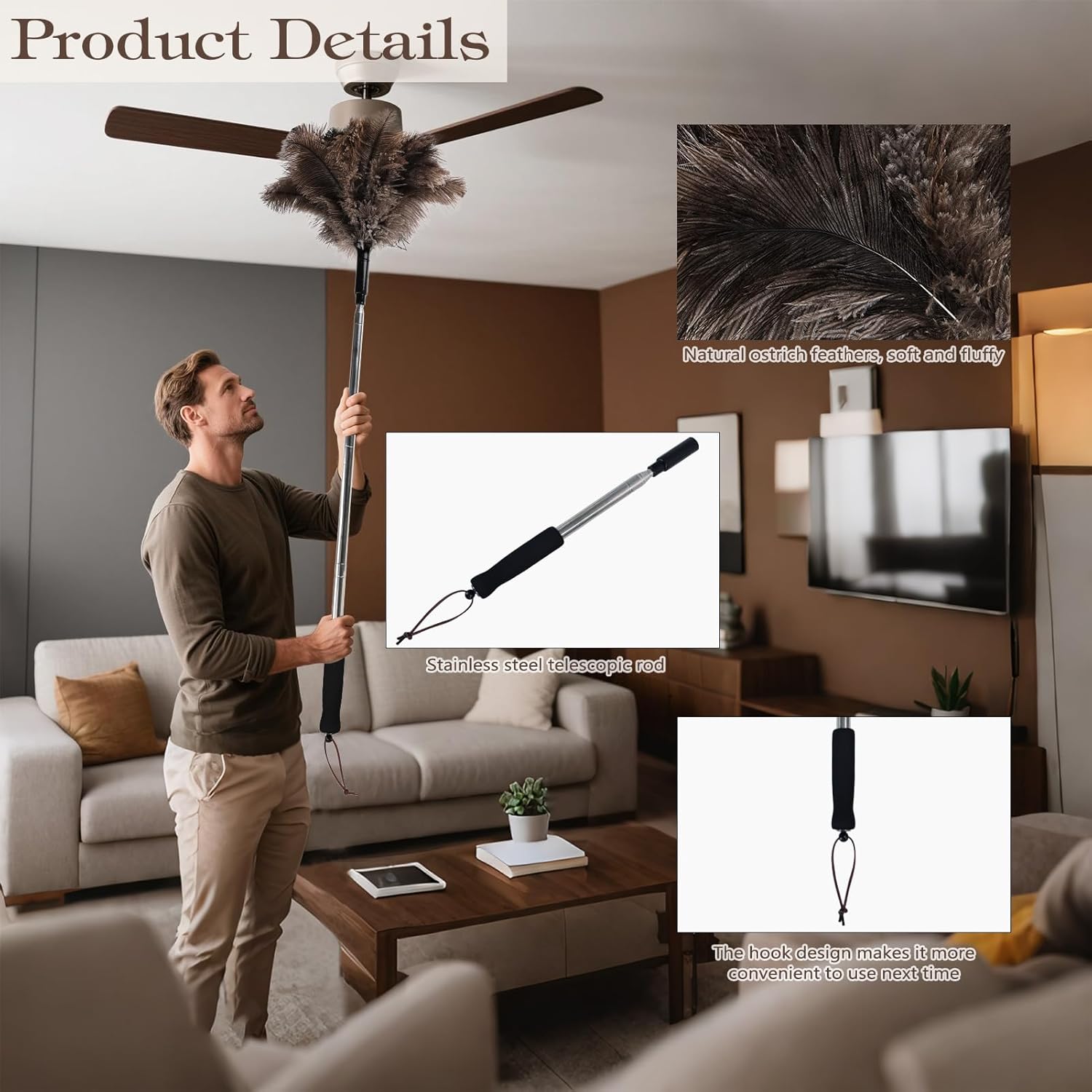 Telescopic Ostrich Feather Duster, 59-inch Naturally Fluffy Long-Handled