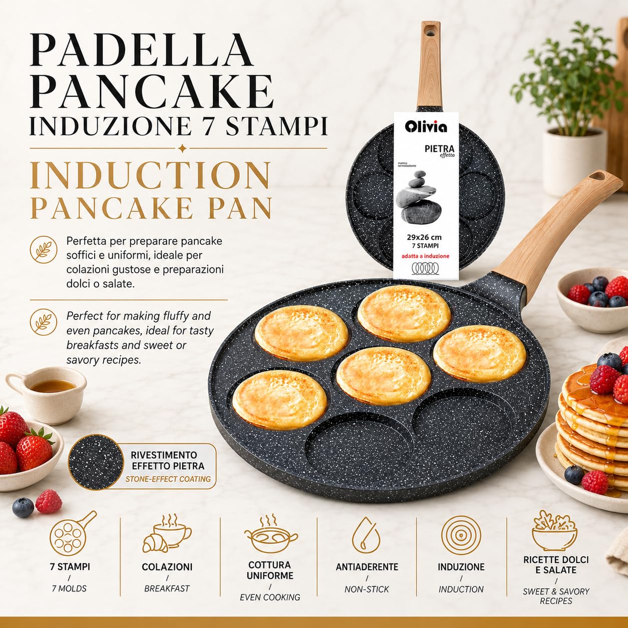 IPEA Padella Pancake Antiaderente per Induzione e Gas - Anti Aderente in Alluminio Per Frittata, Crepes, Uova, Hamburger - Padella da Cucina con 7 Stampi - Manico Comfort - 29 x 26,5 cm