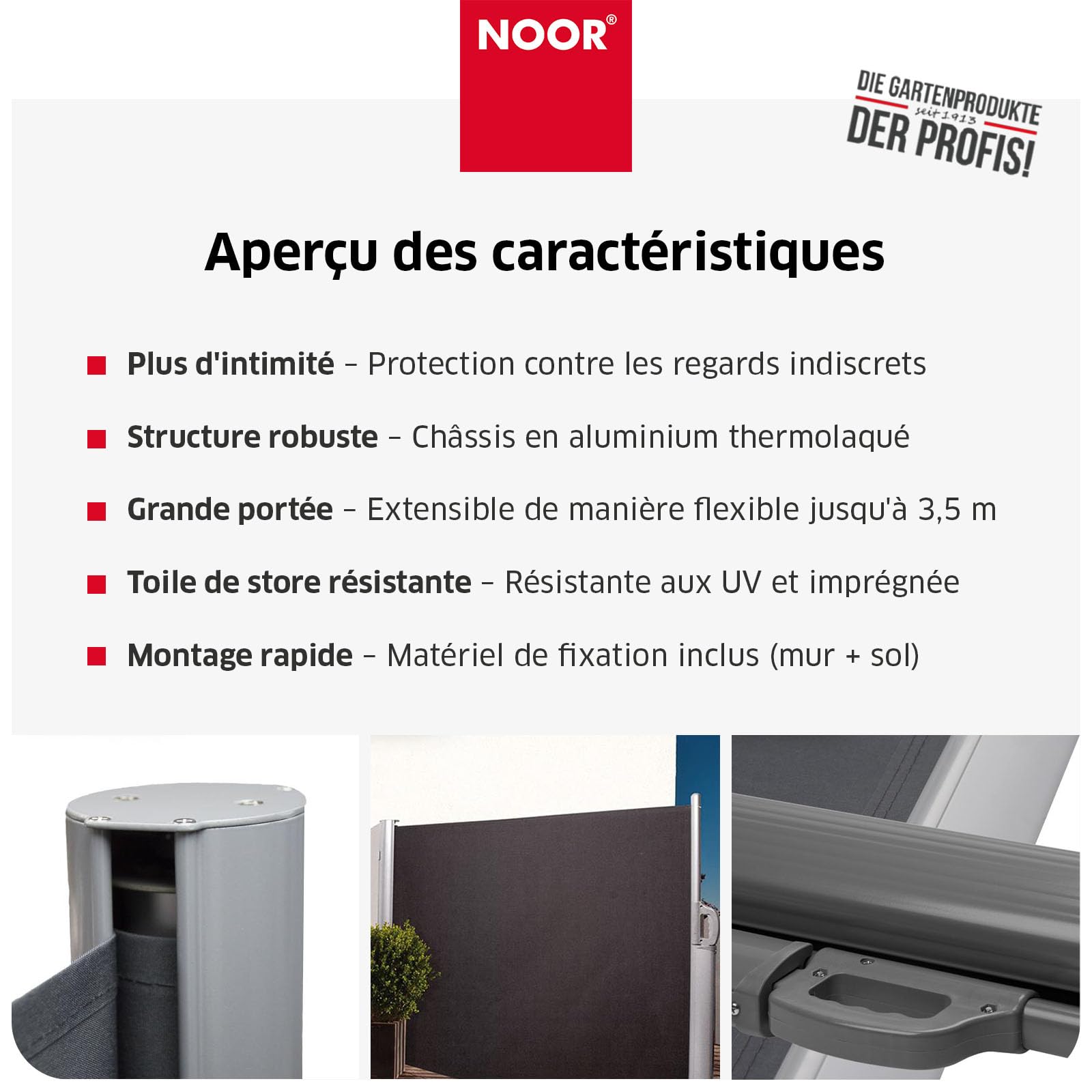 NOOR Store latéral Exklusiv 100x350 cm - Brise-Vue Extensible Anthracite | Protection opaque contre soleil et vent pour balcon, terrasse et jardin – fixations incluse, imprégné et hydrofuge