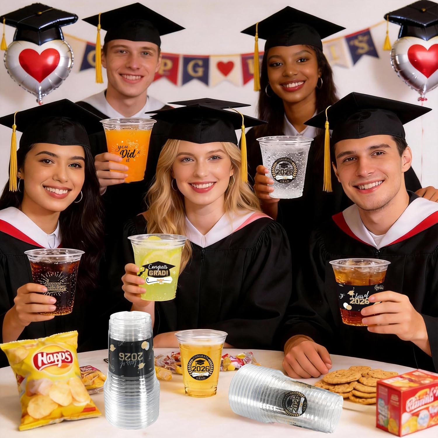 100 Pack Graduation Decorations Class of 2026, 16 Oz Black and Gold Graduation Clear Plastic Cups Disposable Party Cups for Drinks 2026 School Grad Party Favors Supplies