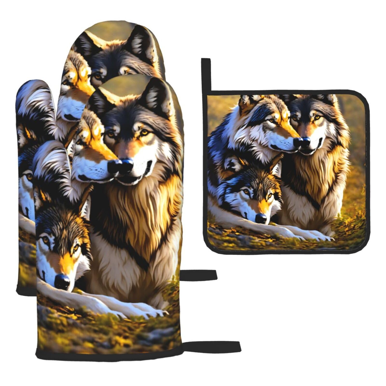 Wolfs Print Oven Kitchen Gloves For Baking Outdoor Grilling Home Use Mitts Microwaving Bbq