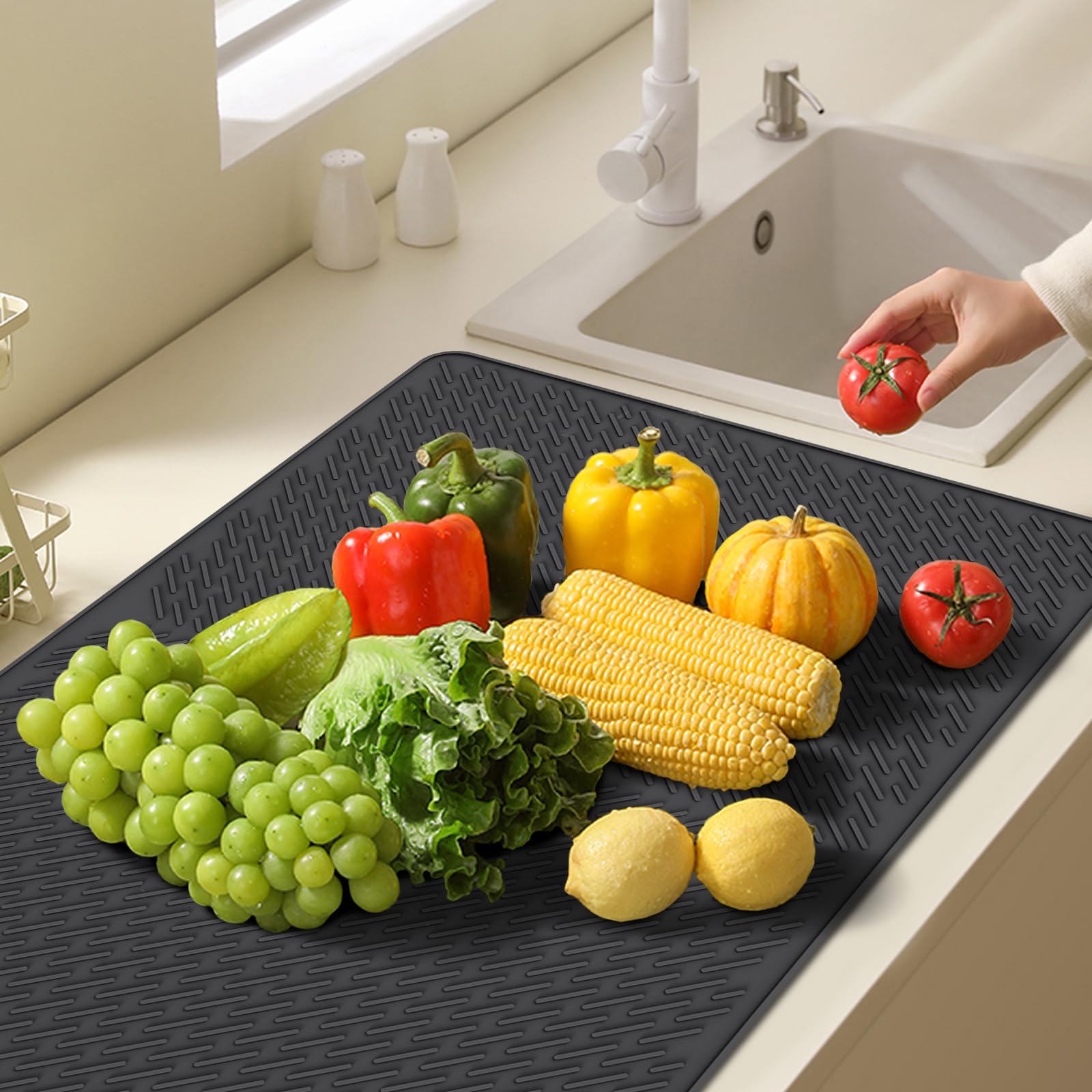 Silicone Dish Drying Mat for Kitchen Counter, Non-slip Dish Drying Pad ith Built-in Drain, Easy Clean Heat-resistant Silicone Mat for Kitchen Counter, Sink, Refrigerator - 28"x20", Black