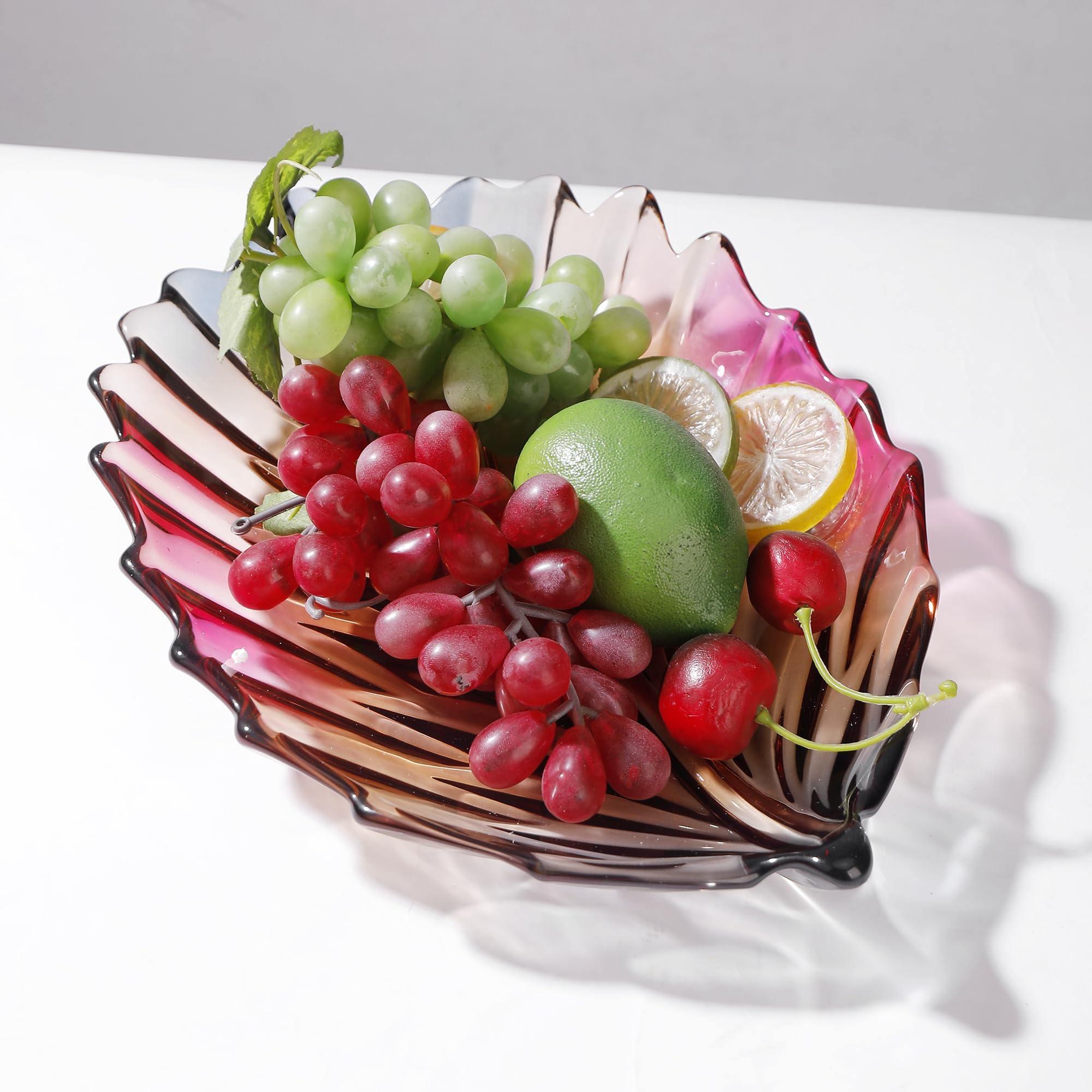 Kreative, bunte handbemalte Kristallglas-Blattform, dekorative Schale, 31 cm Durchmesser, Obst-Display und Küchentisch.