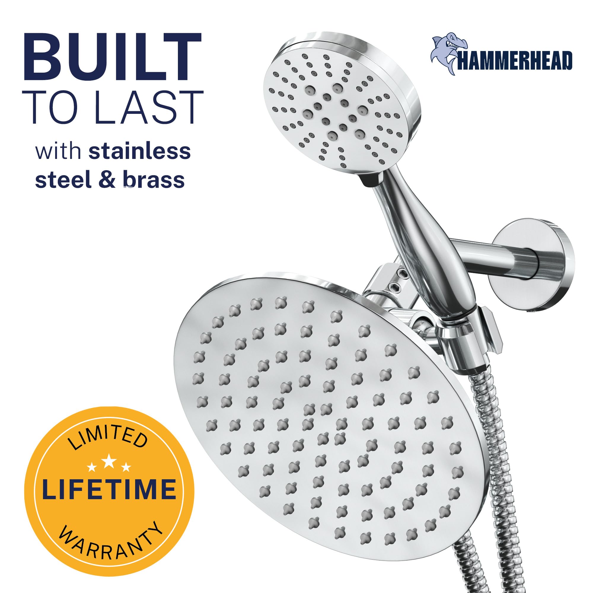 HammerHead Showers® ALL METAL Dual Shower Head Combo – CHROME – 8 Inch Rainfall High Flow Shower Head & 3-Flow Handheld Shower Head High Pressure with Hose 6ft - Luxury Double Shower Heads