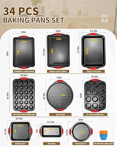 Miniatura 4 de Juego de moldes para hornear con asas de silicona, 34 piezas antiadherentes para hornear, juego de sartenes para horno, bandeja para hornear,