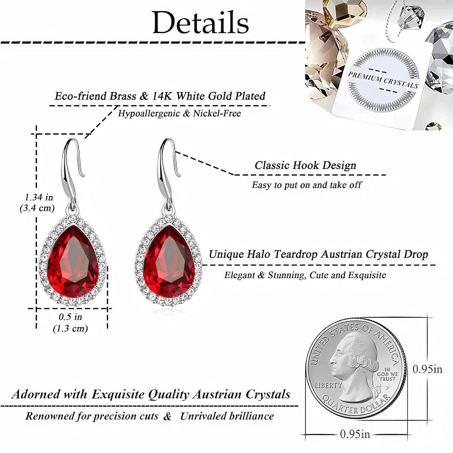Austrian Crystal Teardrop Dangle Drop Earrings for Women Dangling 14K Gold Plated Hypoallergenic Jewelry - Image 4