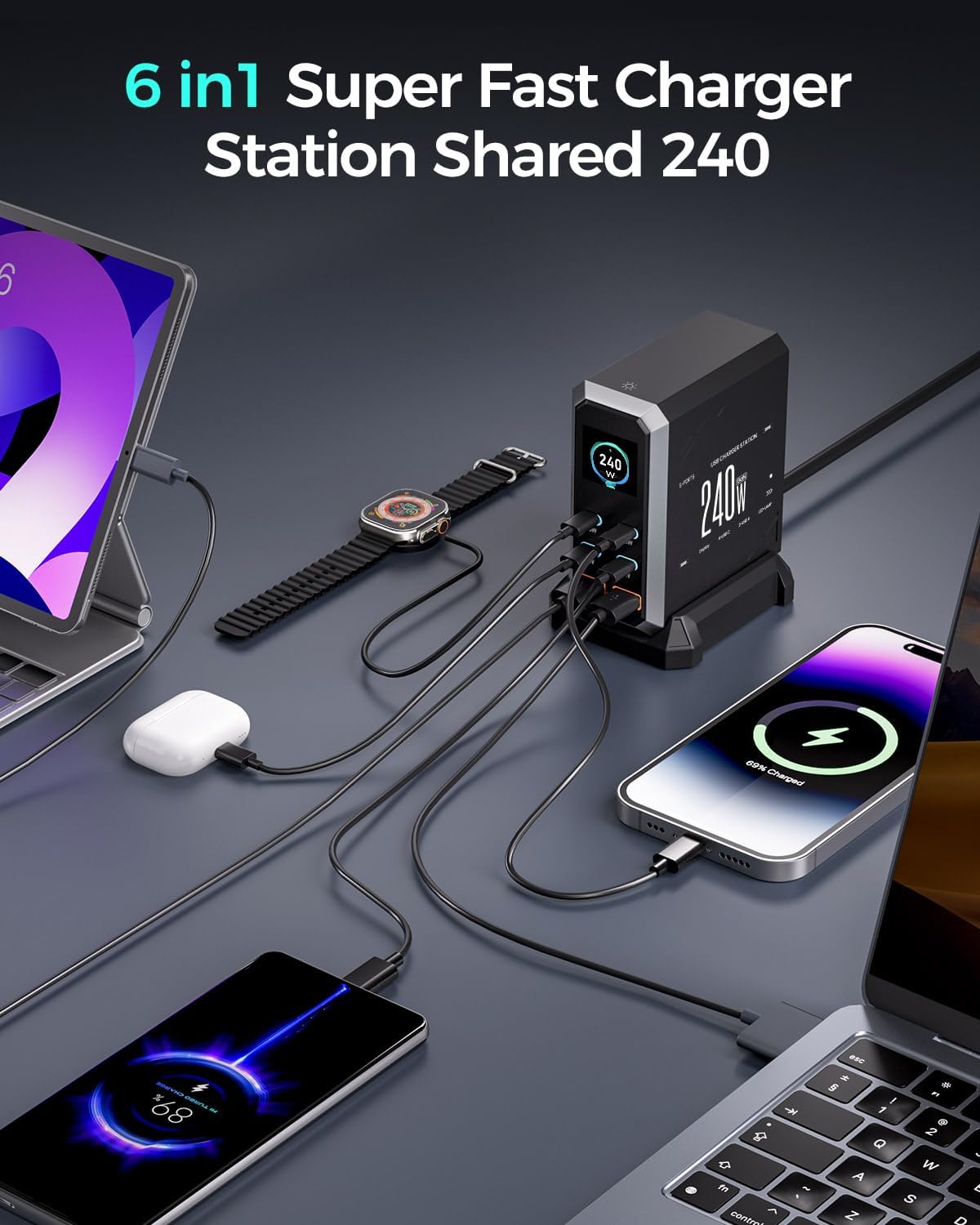 USB C Charger Block, 240W GaN USB C 6-Port Charger Station, Laptop Power PD Adapter with Touch Control and Color Display, Charging Station for MacBook, iPhone, Samsung, Laptop, iPad, Desktop, and More - Image 3