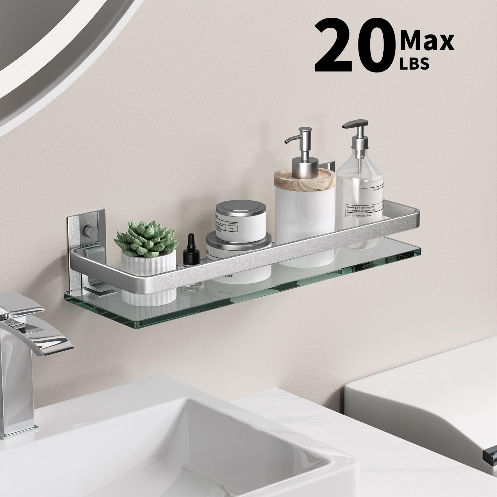 Danpoo Étagère Murale en Verre Tablette Salle de Bain,étagères murales en Verre trempé de 6 mm d'épaisseur pour Salle de Bain avec Support en Aluminium, Organiseur de shampooing, argenté