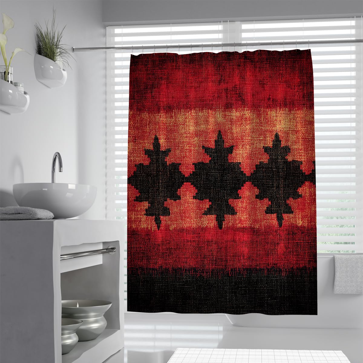 UERWOWELL Red Black Southwestern Shower Curtain Rustic Tribal Geometric Diamond Pattern Fabric Bath Curtain Vintage Boho Bathroom Decor Waterproof W100xL180 cm